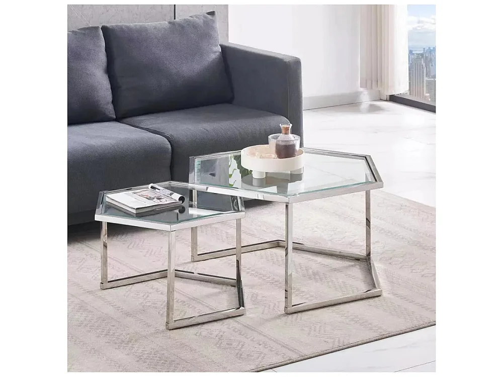Lot 2 Tables Basses Gigognes HEXAGONA Métal Chrome Plateau Verre Trempé Transparent 60x52x42 / 50x45x38cm