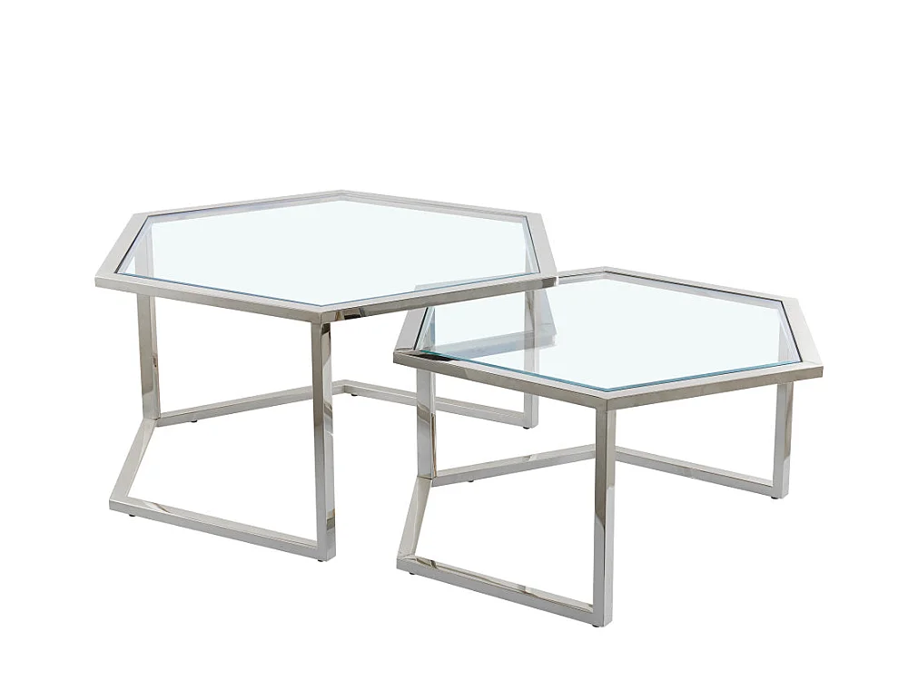 Lot 2 Tables Basses Gigognes HEXAGONA Métal Chrome Plateau Verre Trempé Transparent 60x52x42 / 50x45x38cm