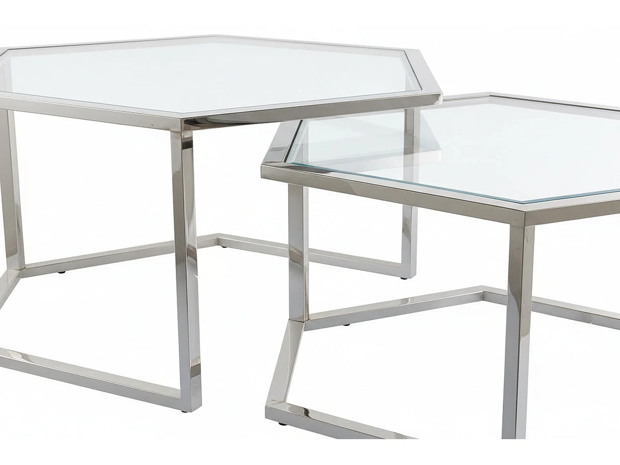 Lot 2 Tables Basses Gigognes HEXAGONA Métal Chrome Plateau Verre Trempé Transparent 60x52x42 / 50x45x38cm