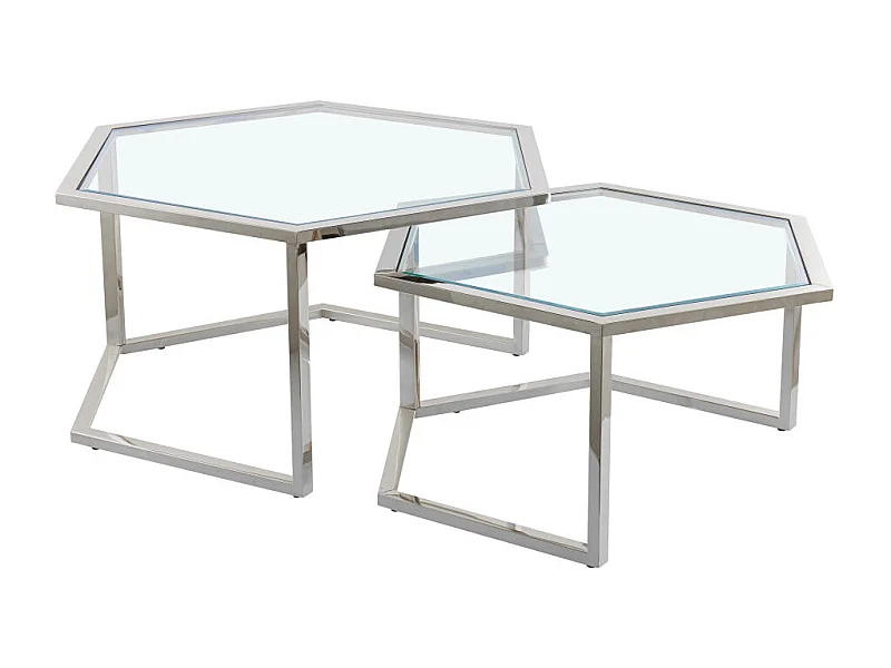 Lot 2 Tables Basses Gigognes HEXAGONA Métal Chrome Plateau Verre Trempé Transparent 60x52x42 / 50x45x38cm