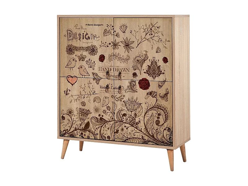 Buffet 4 portes Soho 95x111cm Motif Oiseaux et fleurs Bois Naturel et Marron