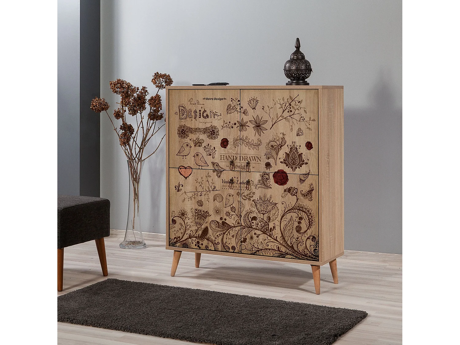 Buffet 4 portes Soho 95x111cm Motif Oiseaux et fleurs Bois Naturel et Marron