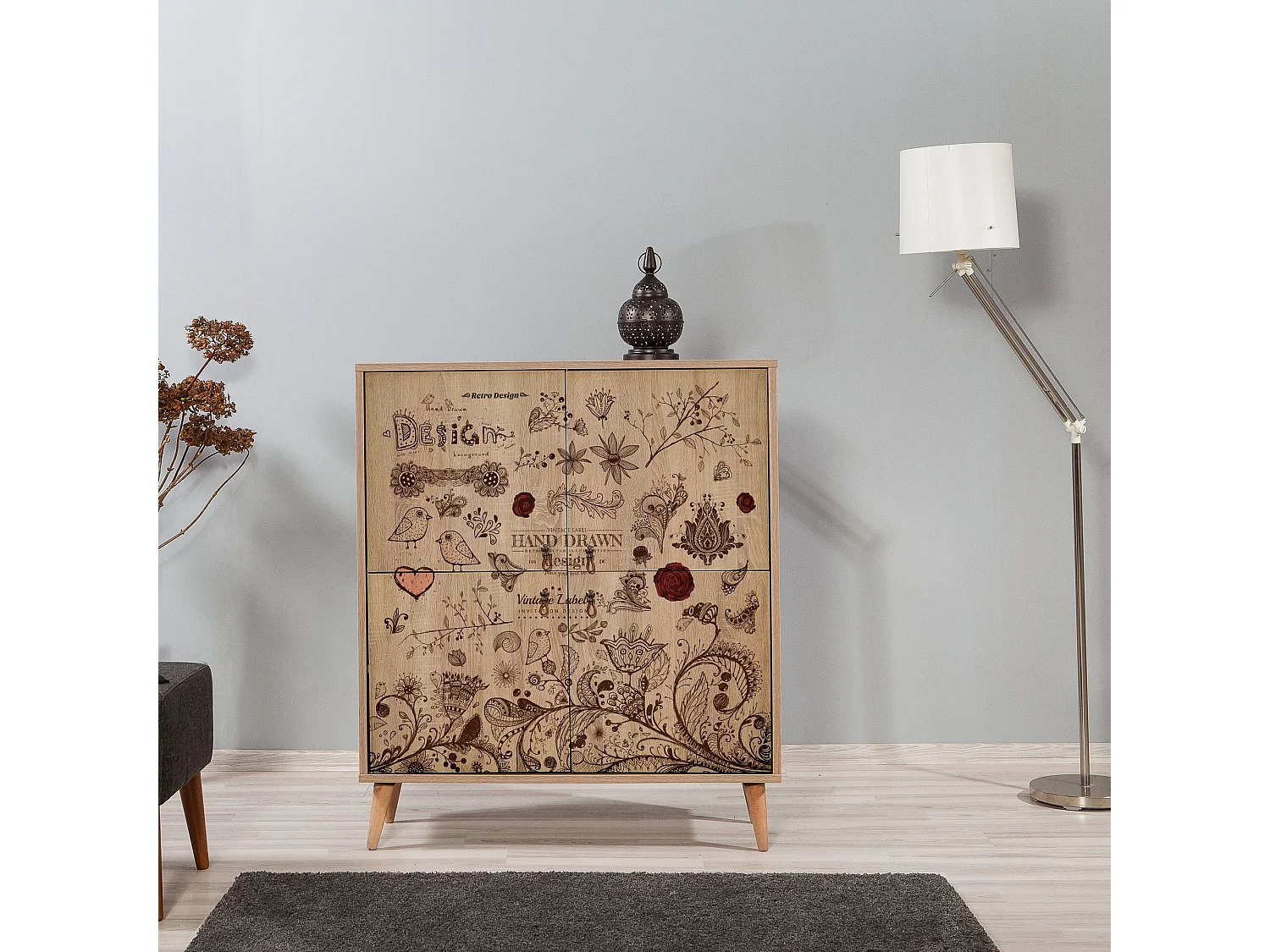 Buffet 4 portes Soho 95x111cm Motif Oiseaux et fleurs Bois Naturel et Marron