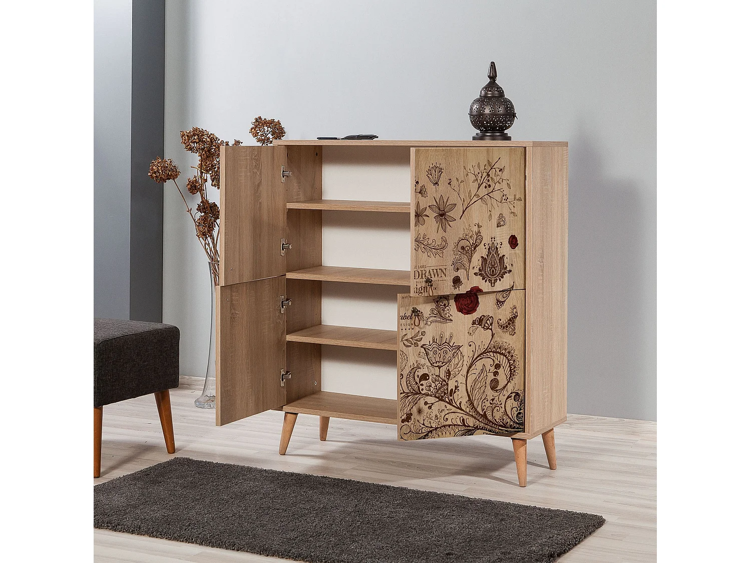 Buffet 4 portes Soho 95x111cm Motif Oiseaux et fleurs Bois Naturel et Marron