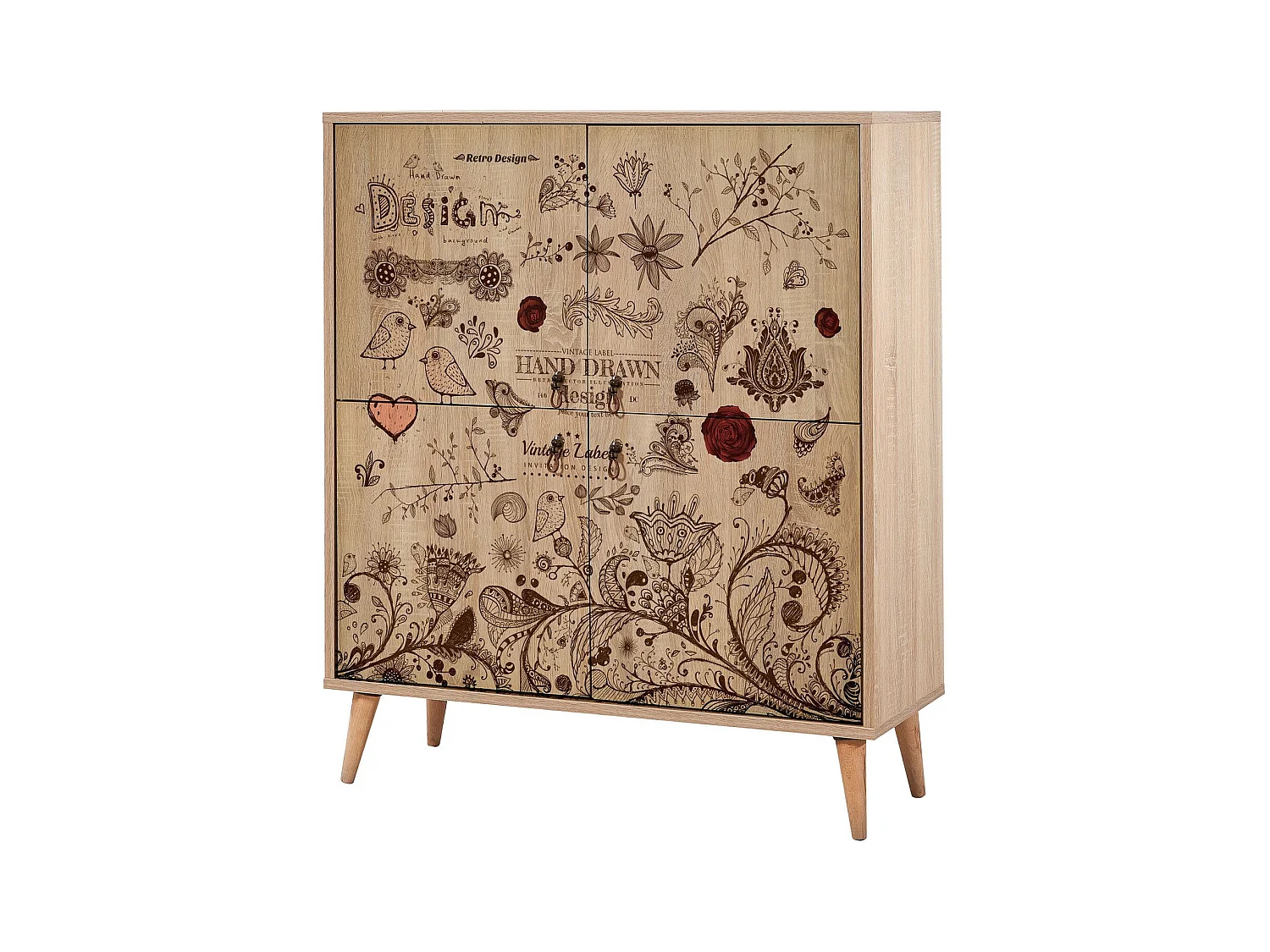 Buffet 4 portes Soho 95x111cm Motif Oiseaux et fleurs Bois Naturel et Marron