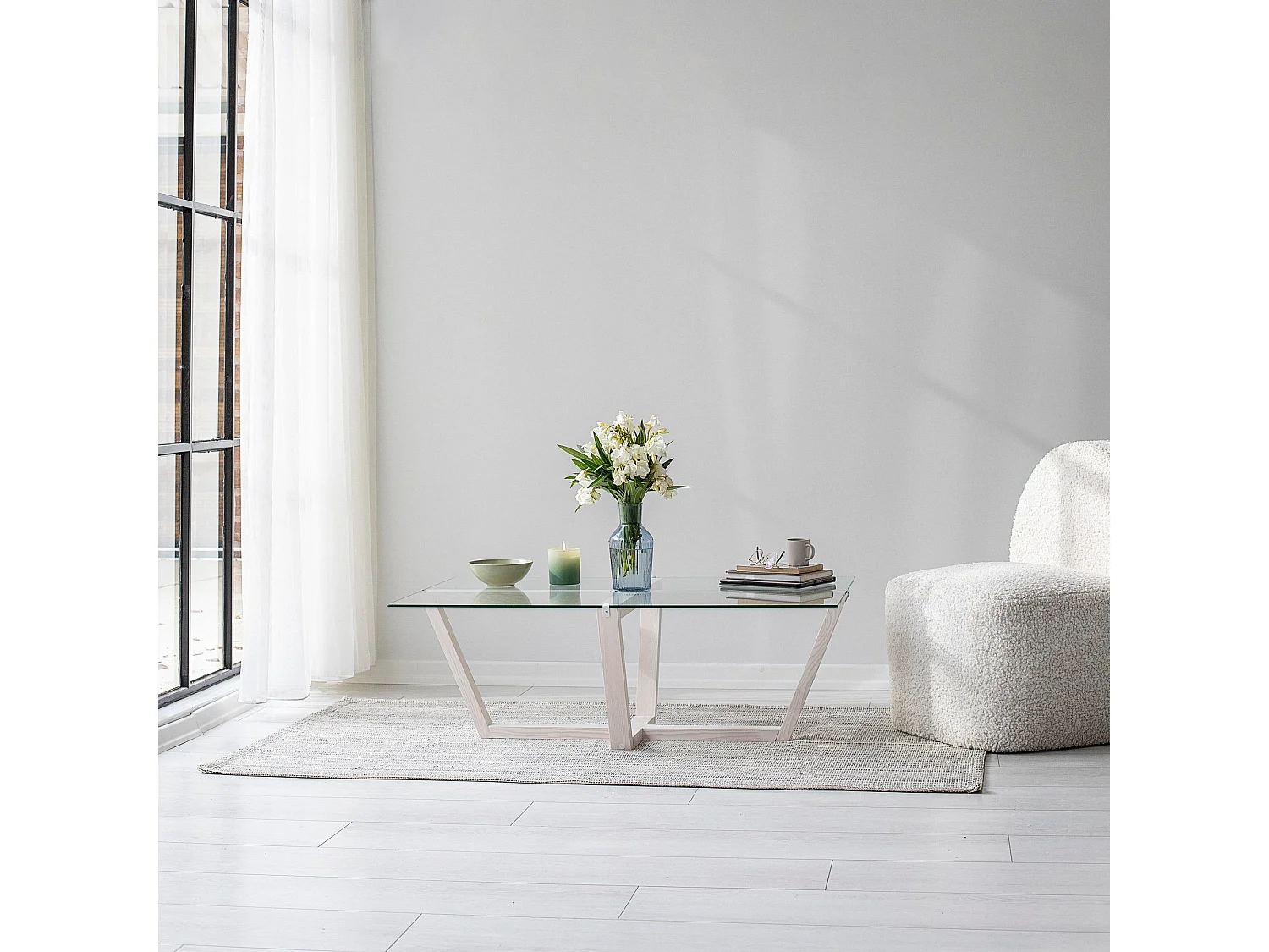 Table basse moderne Dinter L105cm Bois massif Blanc et Verre Transparent