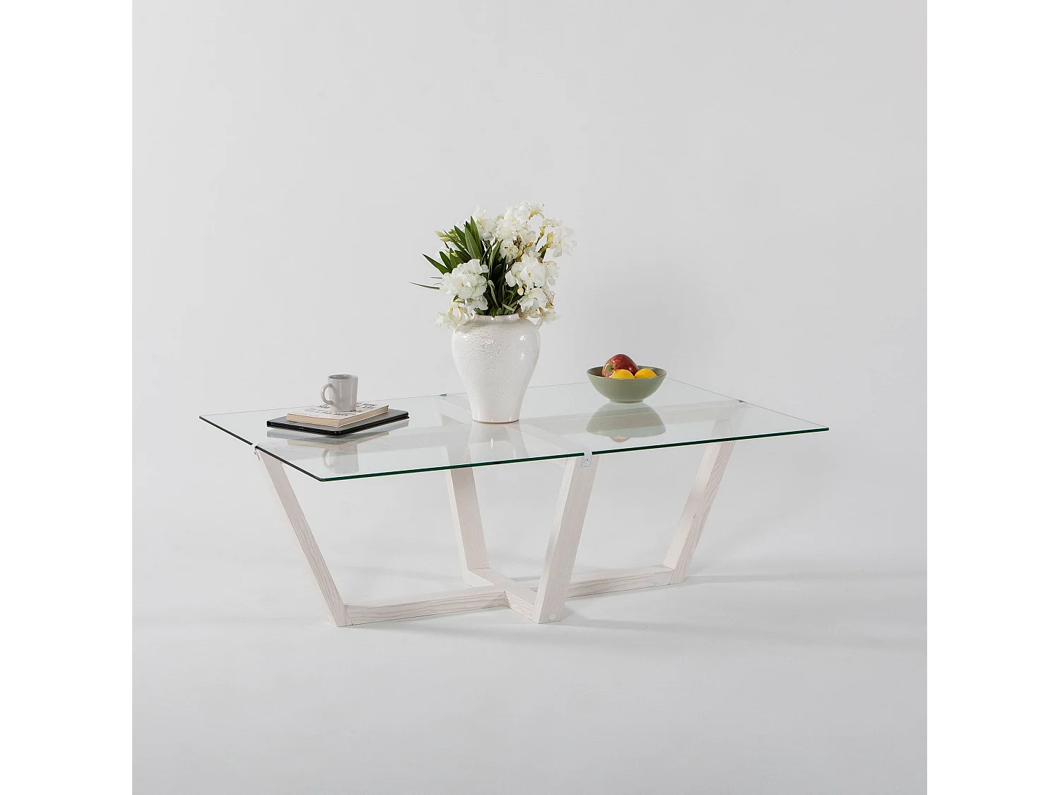 Table basse moderne Dinter L105cm Bois massif Blanc et Verre Transparent