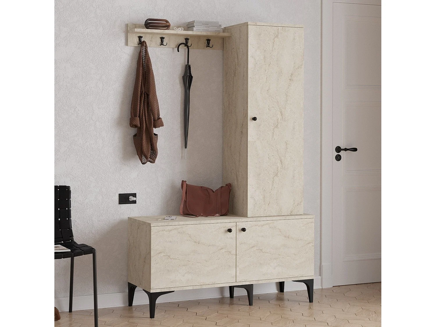 Aparador de hall – 110 x 175 x 40 cm – Travertino – Painel de partículas revestido de melamina