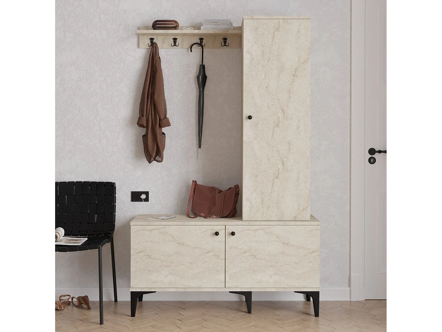 Aparador de hall – 110 x 175 x 40 cm – Travertino – Painel de partículas revestido de melamina