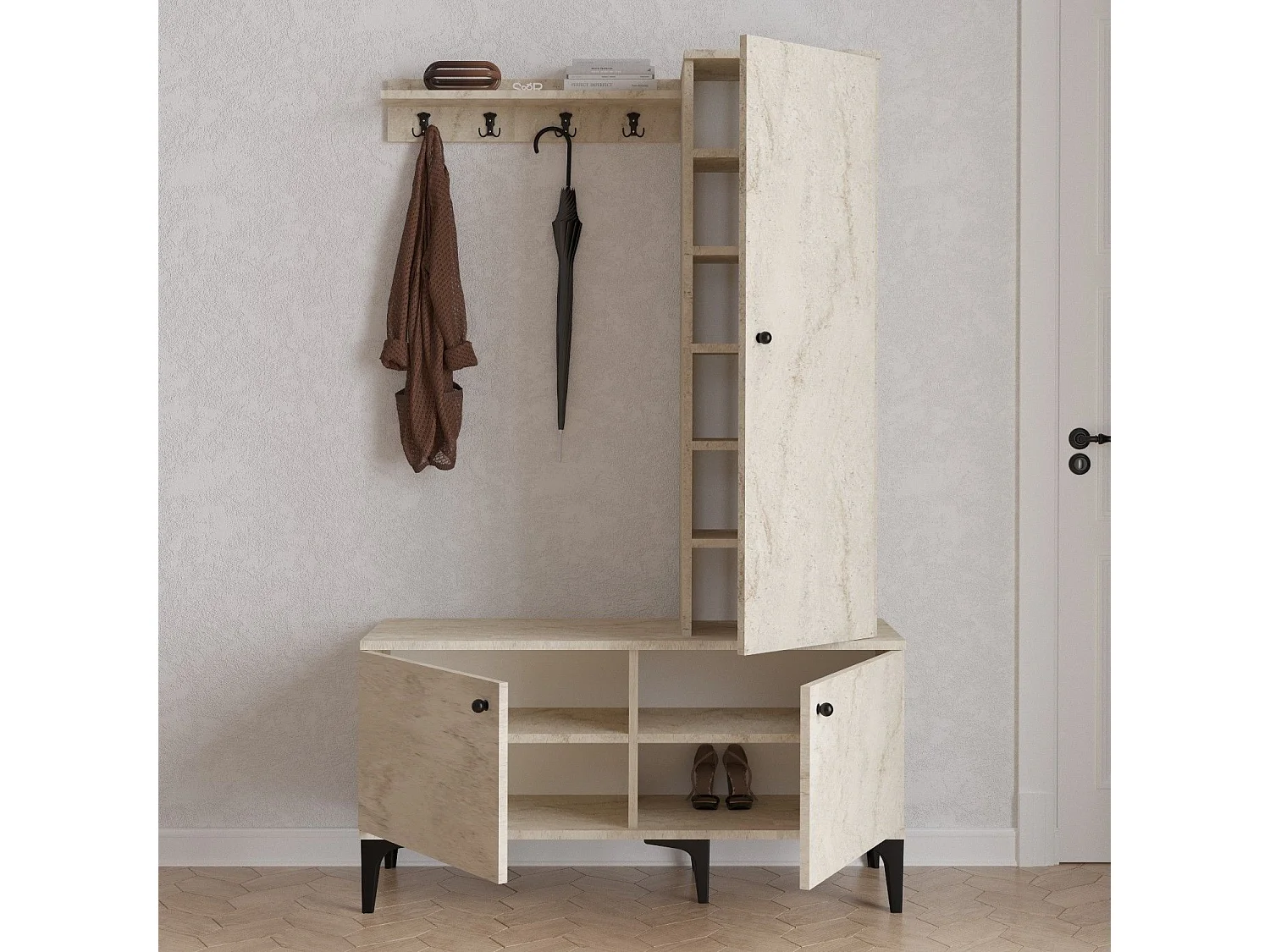 Aparador de hall – 110 x 175 x 40 cm – Travertino – Painel de partículas revestido de melamina