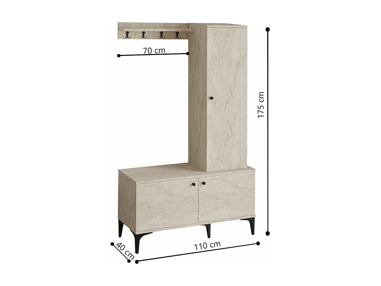 Aparador de hall – 110 x 175 x 40 cm – Travertino – Painel de partículas revestido de melamina