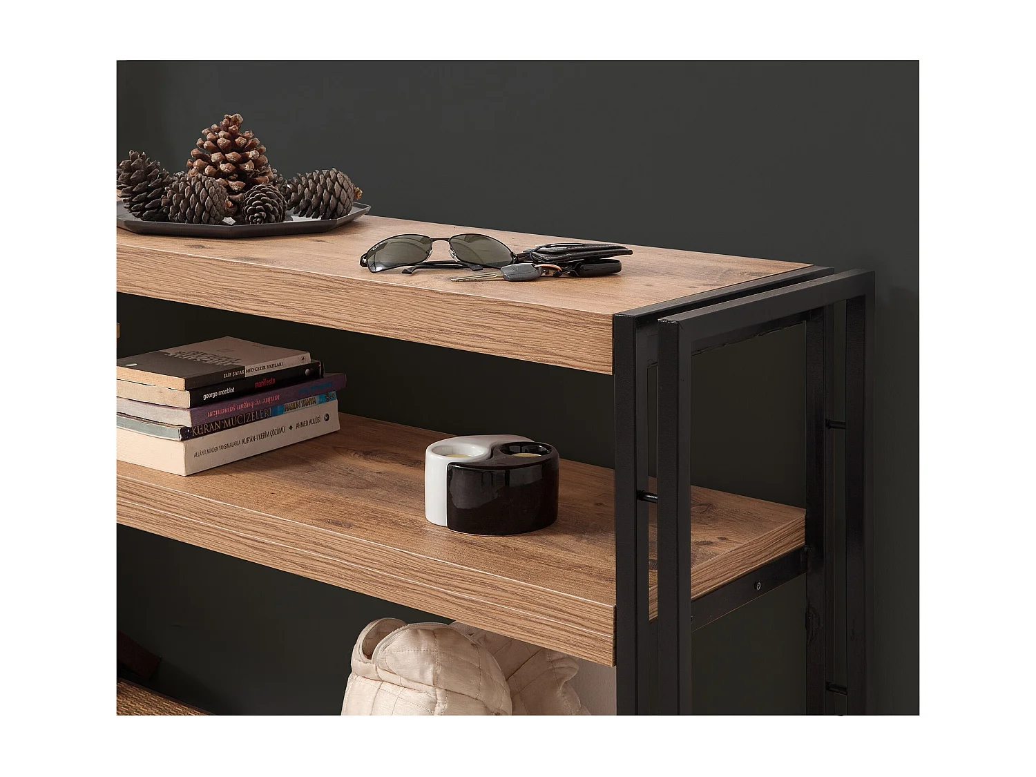 Console style industriel Senlid L140cm Métal Noir et Bios clair