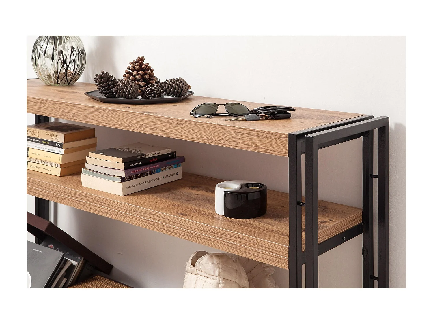 Console style industriel Senlid L140cm Métal Noir et Bios clair