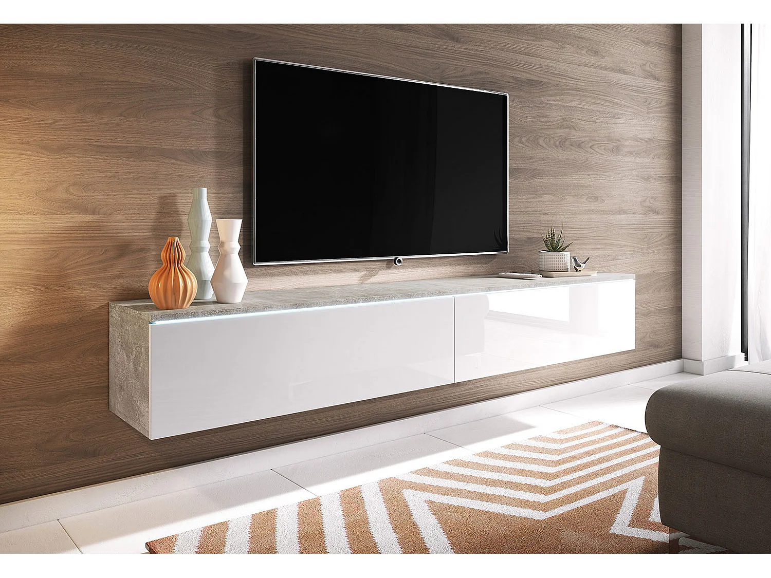 LOWBOARD D Beton / Weiß Hochglanz 180 / 32 / 30 cm