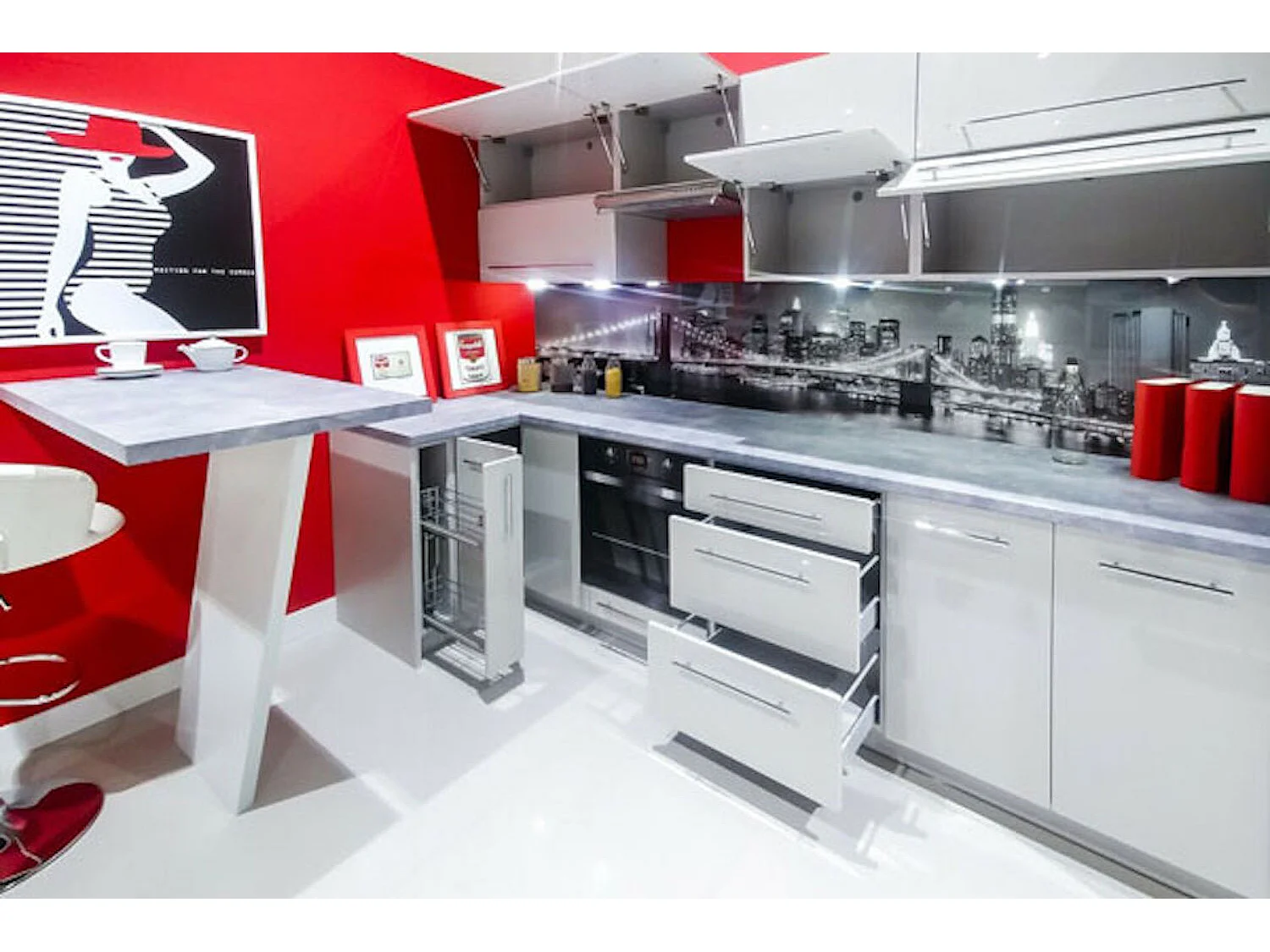 WINKELKÜCHE Platinium grau matt / weiß hochglanz 12-teilig