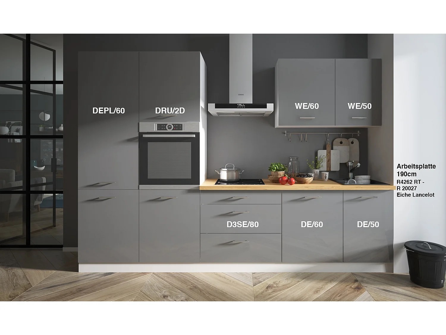 KÜCHENLEERBLOCK Essen Trend weiß / graphit hochglanz - eiche lancelot 8-teilig