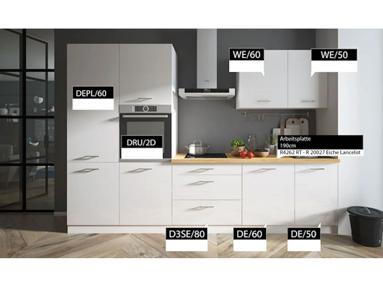 KÜCHENLEERBLOCK Essen Trend weiß / weiß hochglanz - eiche lancelot 8-teilig