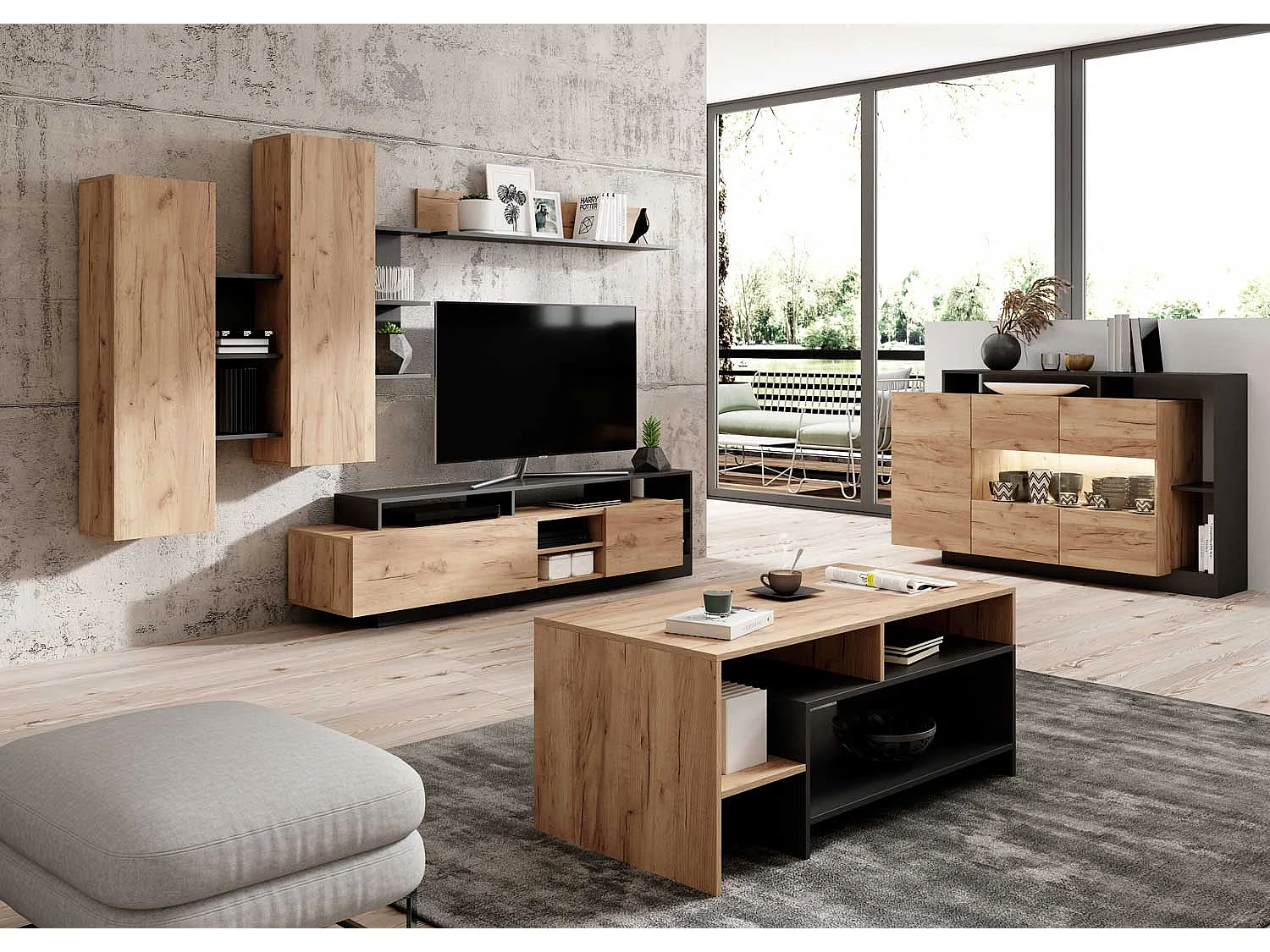 WOHNZIMMER-SET Alva Craft Gold Oak anthrazit 6-teilig