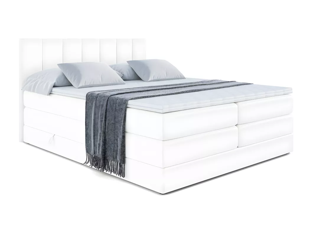 Kauf Unique Boxspringbett MOETI KING mit Bettkasten, 2 Matratzen - H3/Bonellfederung und H4/Multipocketmateratze - 140x200 - Weiß Kunstleder