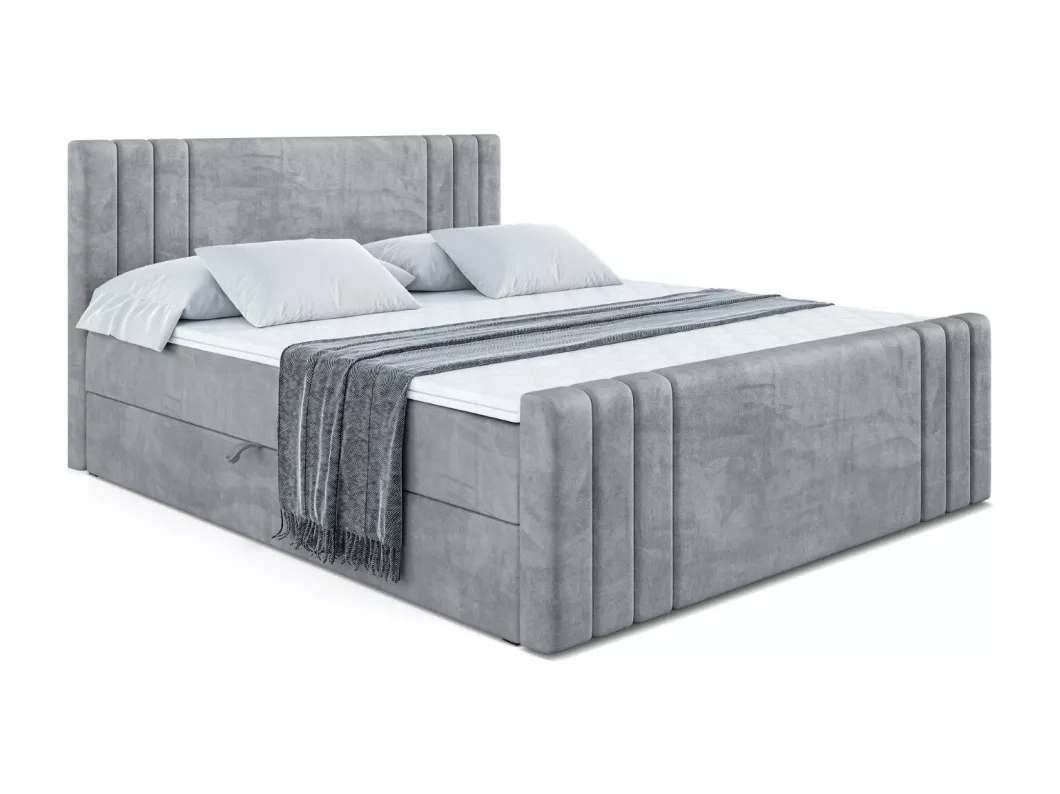 Kauf Unique Boxspringbett IDRIKO-Z mit Bettkasten, H4-Materatze, Fußteil, Multipocketfederung - 160x200 - Hellgrau Samt