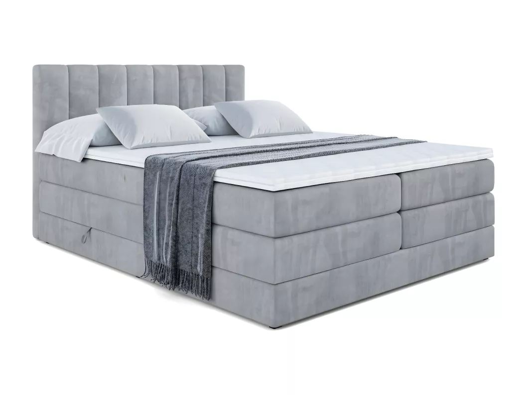 Kauf Unique Boxspringbett OTTA KING mit Bettkasten, 2 Matratzen - H3/Bonellfederung und H4/Multipocketmateratze - 160x200 - Hellgrau Samt