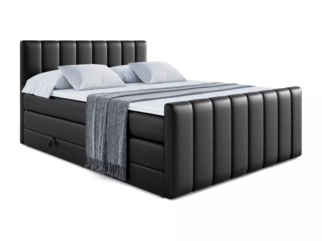 Kauf Unique Boxspringbett OTTA-Z KING mit Bettkasten, 2 Matratzen - H3/Bonellfederung und H4/Multipocketmateratze, Fußteil - 200x200 - Schwarz Kunstleder