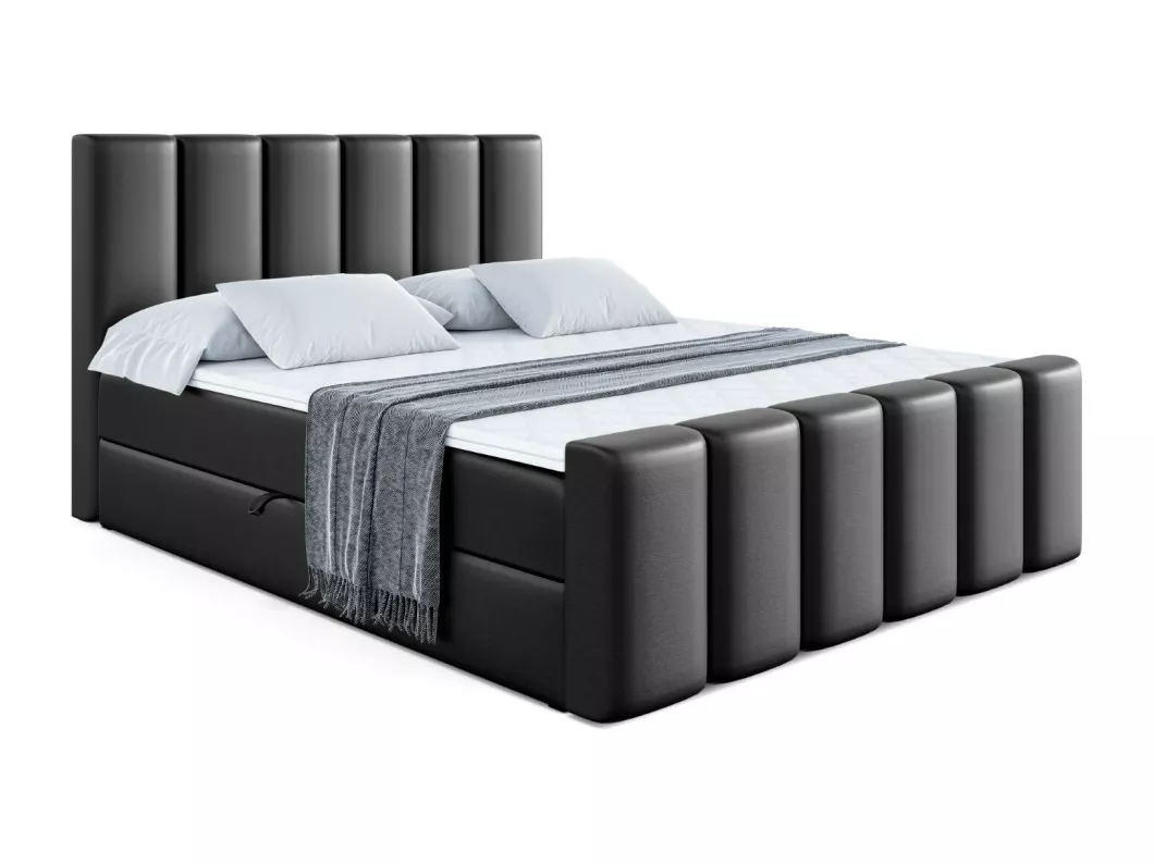 Kauf Unique Boxspringbett BOXI1-Z mit Bettkasten, H4-Materatze, Fußteil, Multipocketfederung - 180x200 - Schwarz Kunstleder