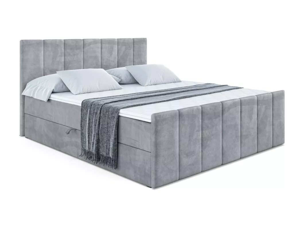 Kauf Unique Boxspringbett MOETI-Z mit Bettkasten, H4-Materatze, Fußteil, Multipocketfederung - 160x200 - Hellgrau Samt