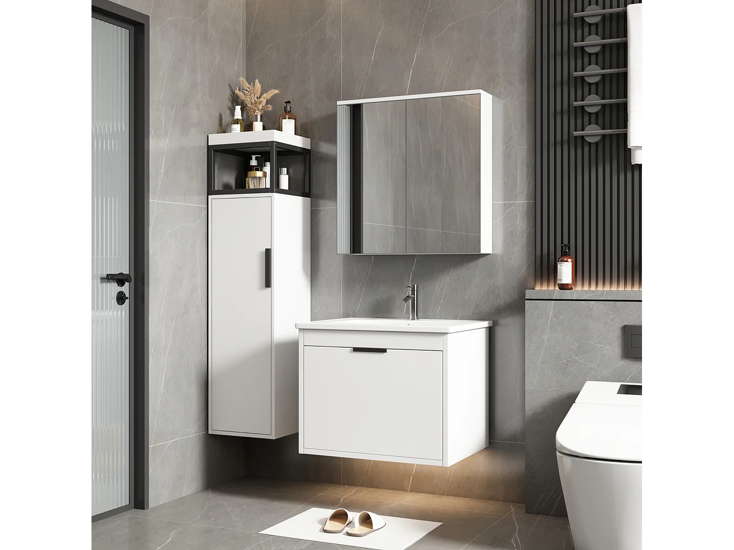 60 cm brede wandcloset voor de badkamer - met keramische wastafel, kolom en spiegelkast - complete set 3-St - wit