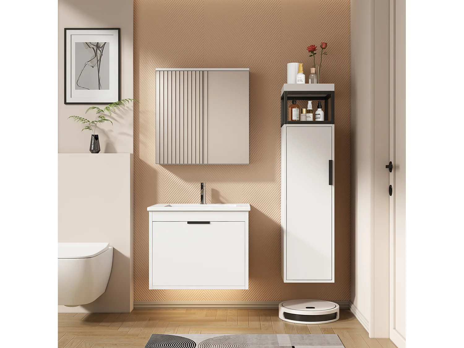 60 cm brede wandcloset voor de badkamer - met keramische wastafel, kolom en spiegelkast - complete set 3-St - wit