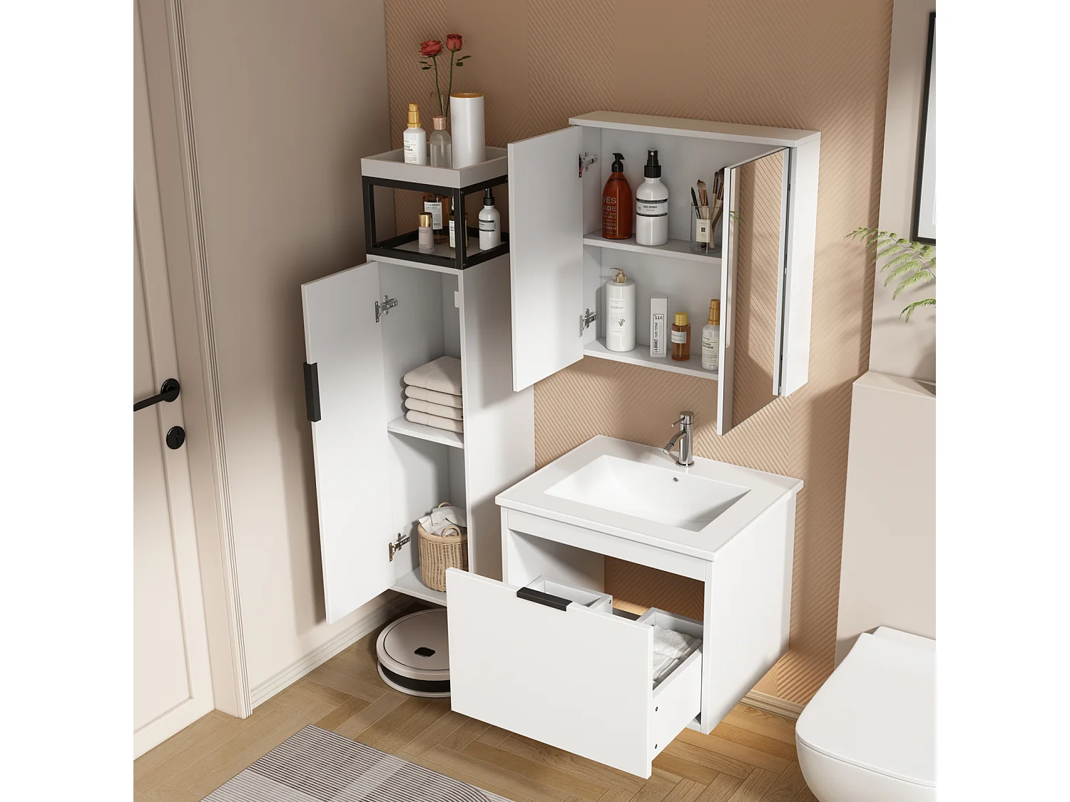 60 cm brede wandcloset voor de badkamer - met keramische wastafel, kolom en spiegelkast - complete set 3-St - wit