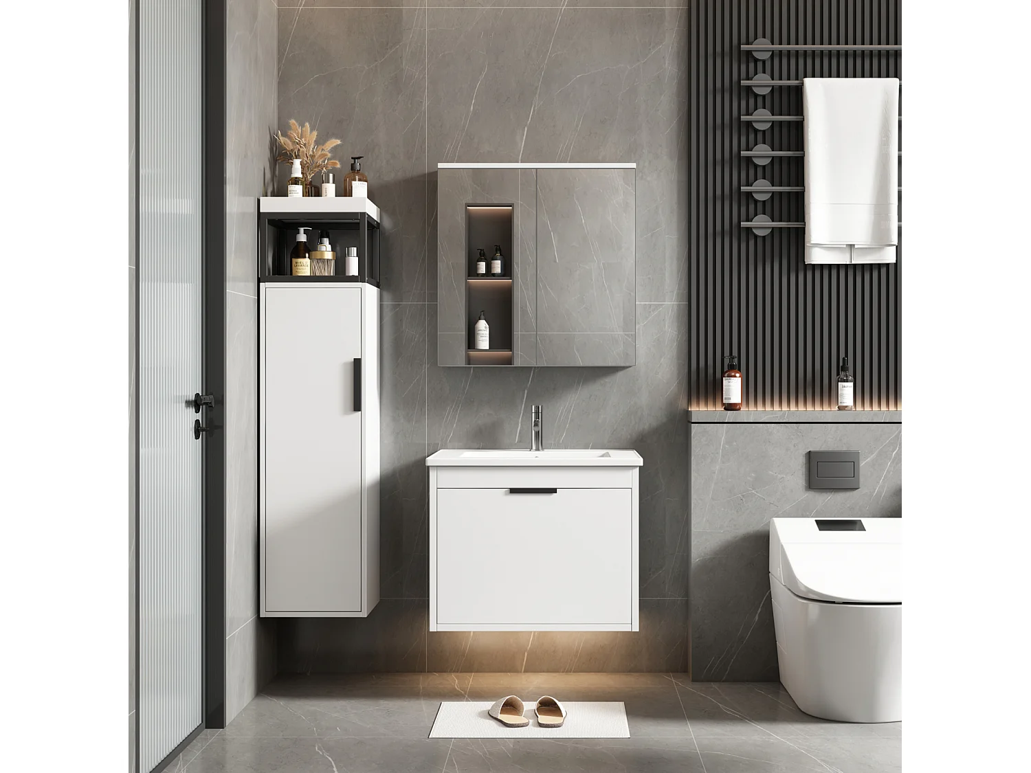 60 cm brede wandcloset voor de badkamer - met keramische wastafel, kolom en spiegelkast - complete set 3-St - wit