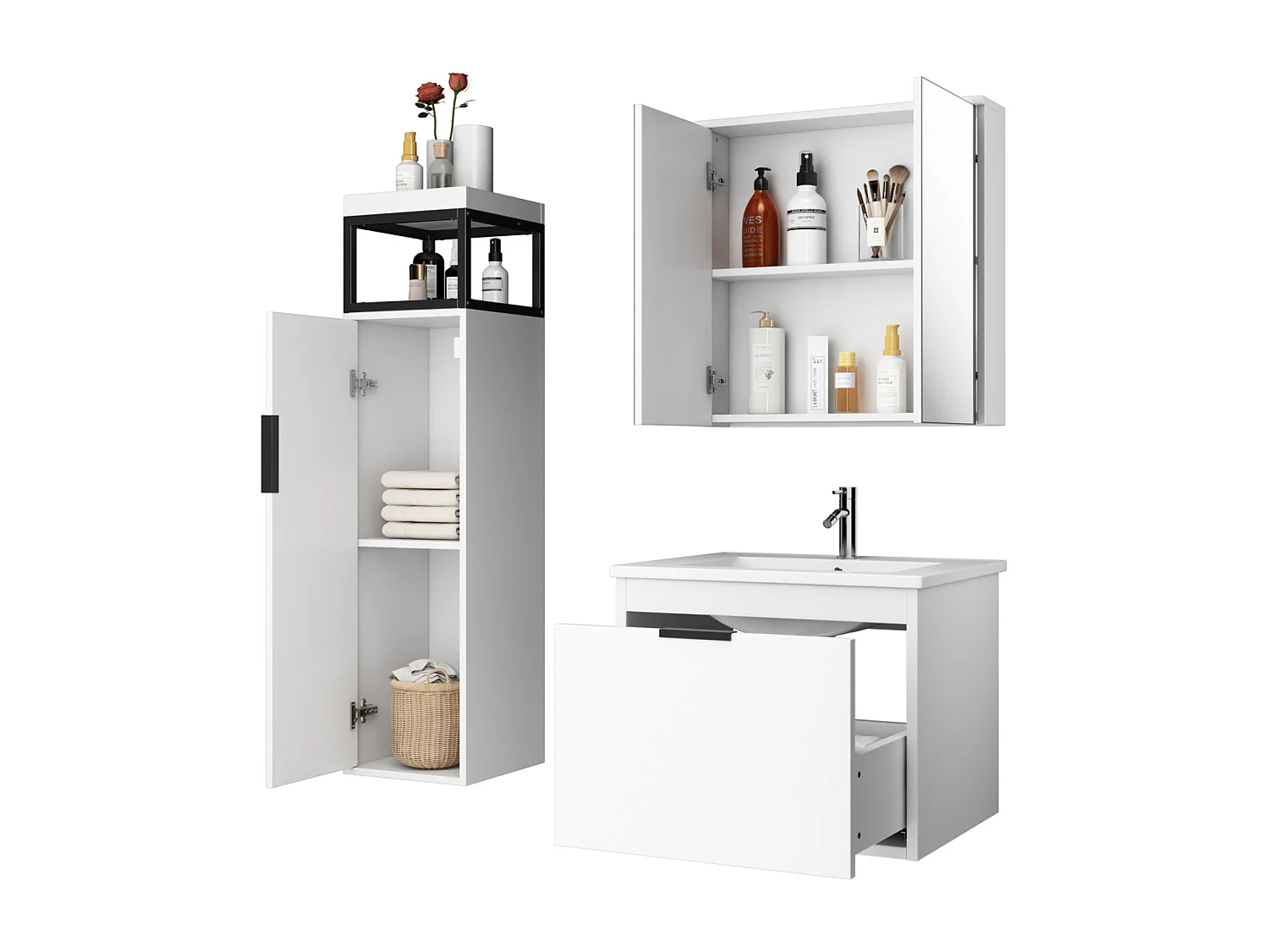 60 cm brede wandcloset voor de badkamer - met keramische wastafel, kolom en spiegelkast - complete set 3-St - wit