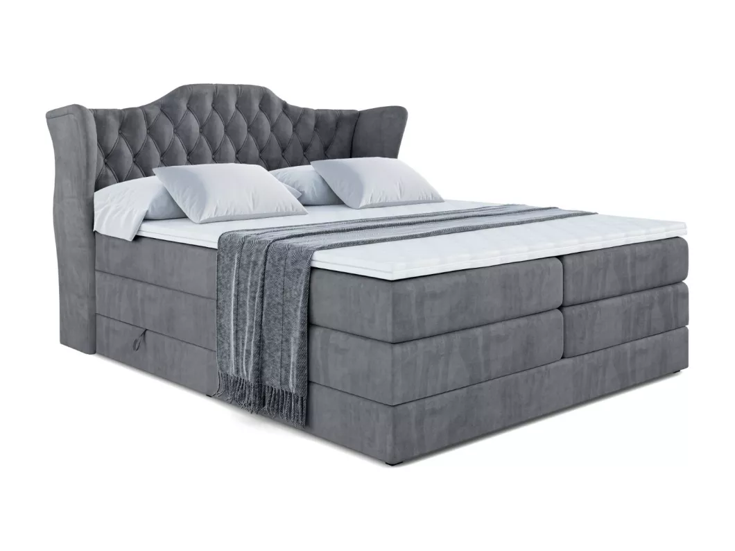 Kauf Unique Boxspringbett VILA KING mit Bettkasten, 2 Matratzen - H3/Bonellfederung und H4/Multipocketmateratze - 200x200 - Dunkelgrau Samt