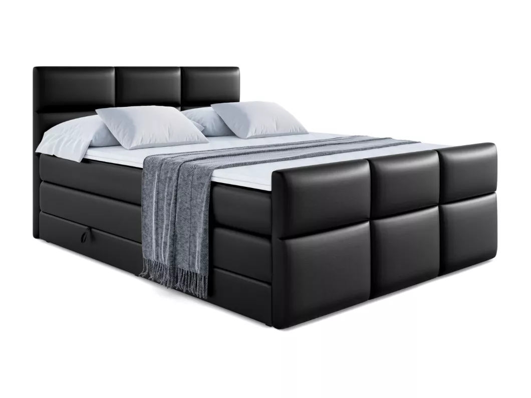 Kauf Unique Boxspringbett OHIO-Z KING mit Bettkasten, 2 Matratzen - H3/Bonellfederung und H4/Multipocketmateratze, Fußteil - 200x200 - Schwarz Kunstleder