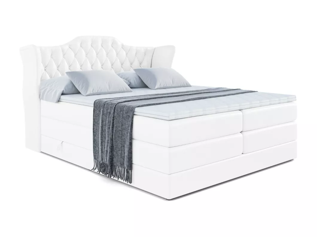 Kauf Unique Boxspringbett VILA KING mit Bettkasten, 2 Matratzen - H3/Bonellfederung und H4/Multipocketmateratze - 140x200 - Weiß Kunstleder