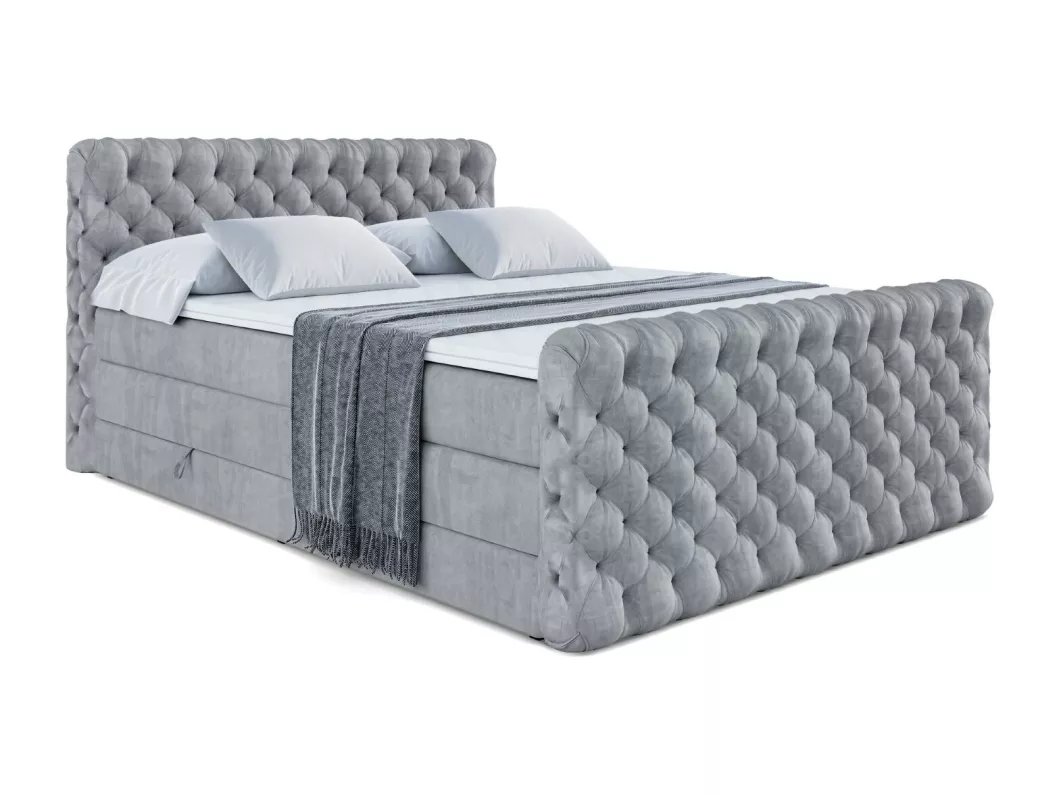 Kauf Unique Boxspringbett BOXI8-Z KING mit Bettkasten, 2 Matratzen - H3/Bonellfederung und H4/Multipocketmateratze, Fußteil - 200x200 - Hellgrau Samt