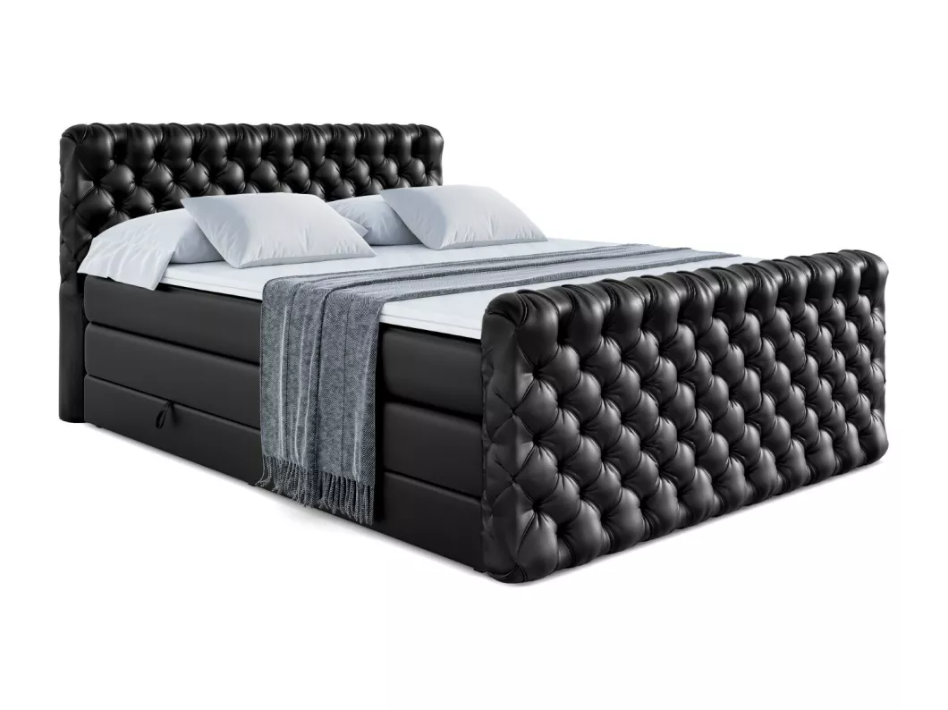 Kauf Unique Boxspringbett BOXI8-Z KING mit Bettkasten, 2 Matratzen - H3/Bonellfederung und H4/Multipocketmateratze, Fußteil - 200x200 - Schwarz Kunstleder