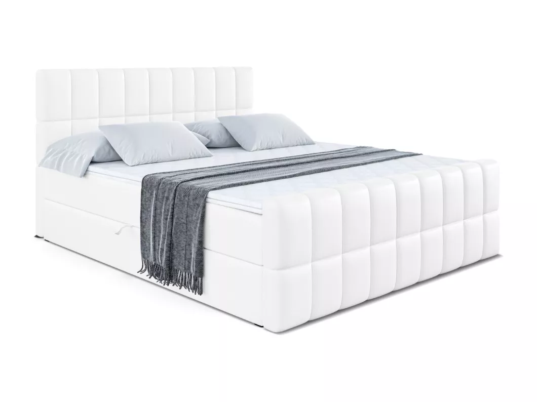 Kauf Unique Boxspringbett MIAMI-Z mit Bettkasten, H4-Materatze, Fußteil, Multipocketfederung - 180x200 - Weiß Kunstleder