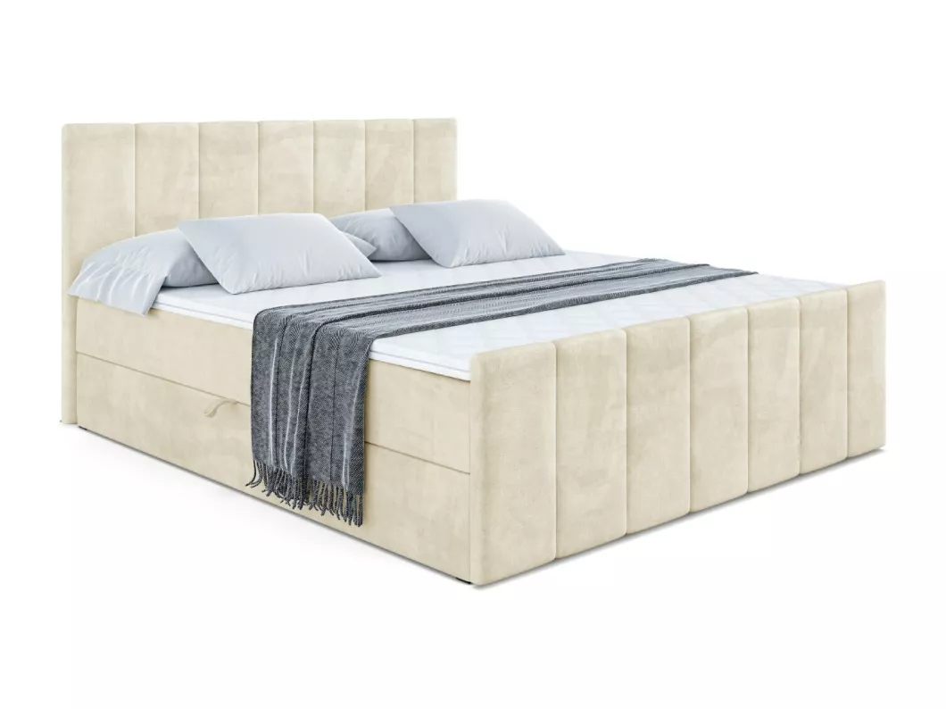 Kauf Unique Boxspringbett MOETI-Z mit Bettkasten, H4-Materatze, Fußteil, Multipocketfederung - 180x200 - Taupe Samt