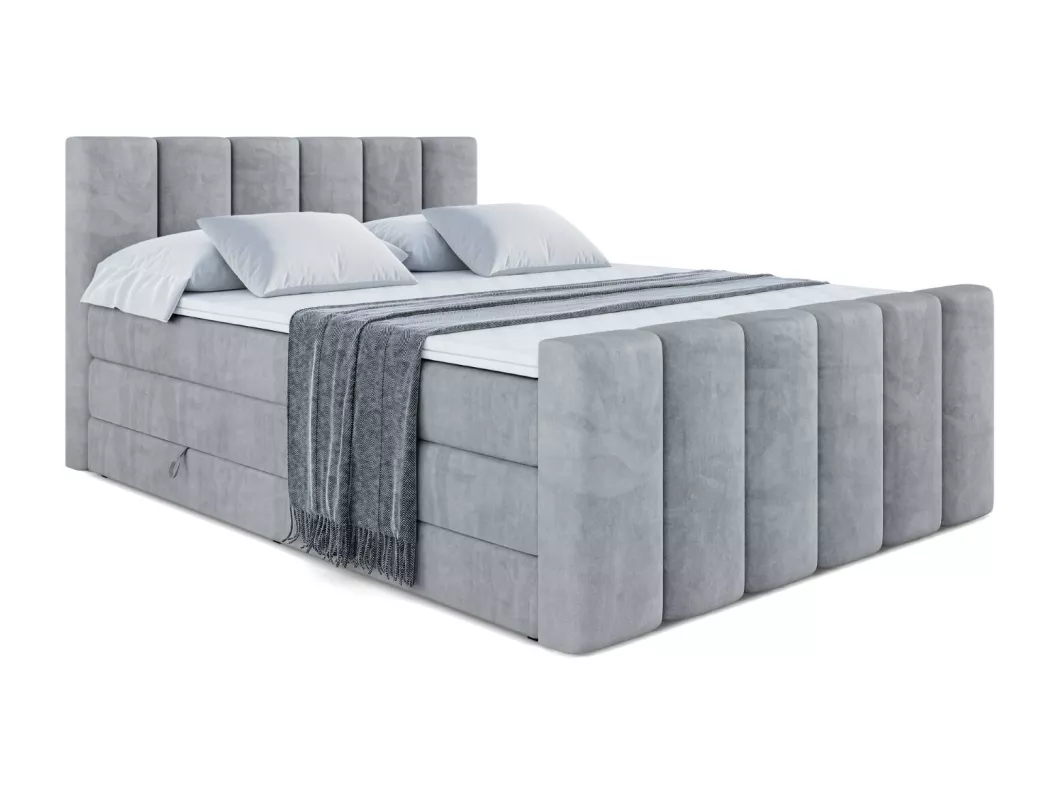 Kauf Unique Boxspringbett BOXI1-Z KING mit Bettkasten, 2 Matratzen - H3/Bonellfederung und H4/Multipocketmateratze, Fußteil - 200x200 - Hellgrau Samt