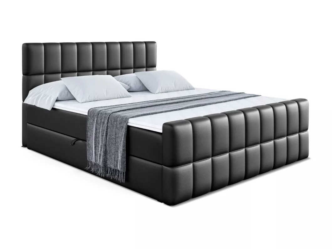 Kauf Unique Boxspringbett MIAMI-Z mit Bettkasten, H4-Materatze, Fußteil, Multipocketfederung - 140x200 - Schwarz Kunstleder