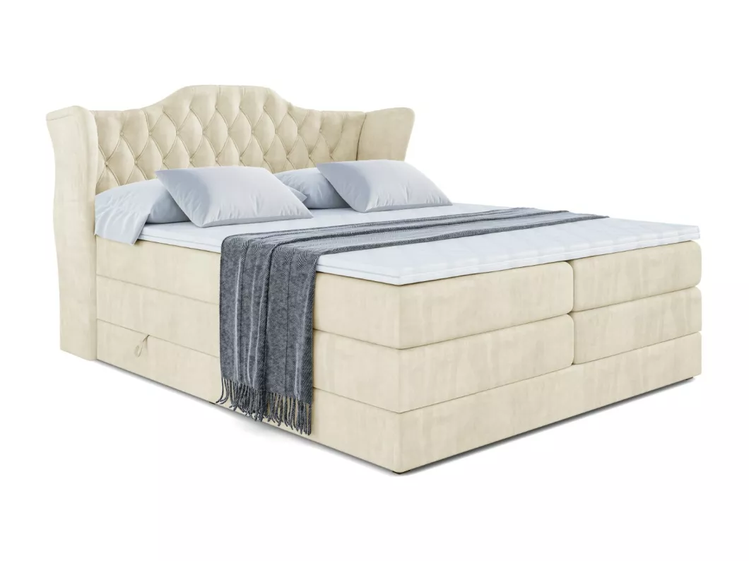 Kauf Unique Boxspringbett VILA KING mit Bettkasten, 2 Matratzen - H3/Bonellfederung und H4/Multipocketmateratze - 200x200 - Taupe Samt