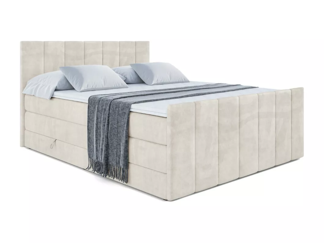 Kauf Unique Boxspringbett MOETI-Z KING mit Bettkasten, 2 Matratzen - H3/Bonellfederung und H4/Multipocketmateratze, Fußteil - 200x200 - Beige Samt