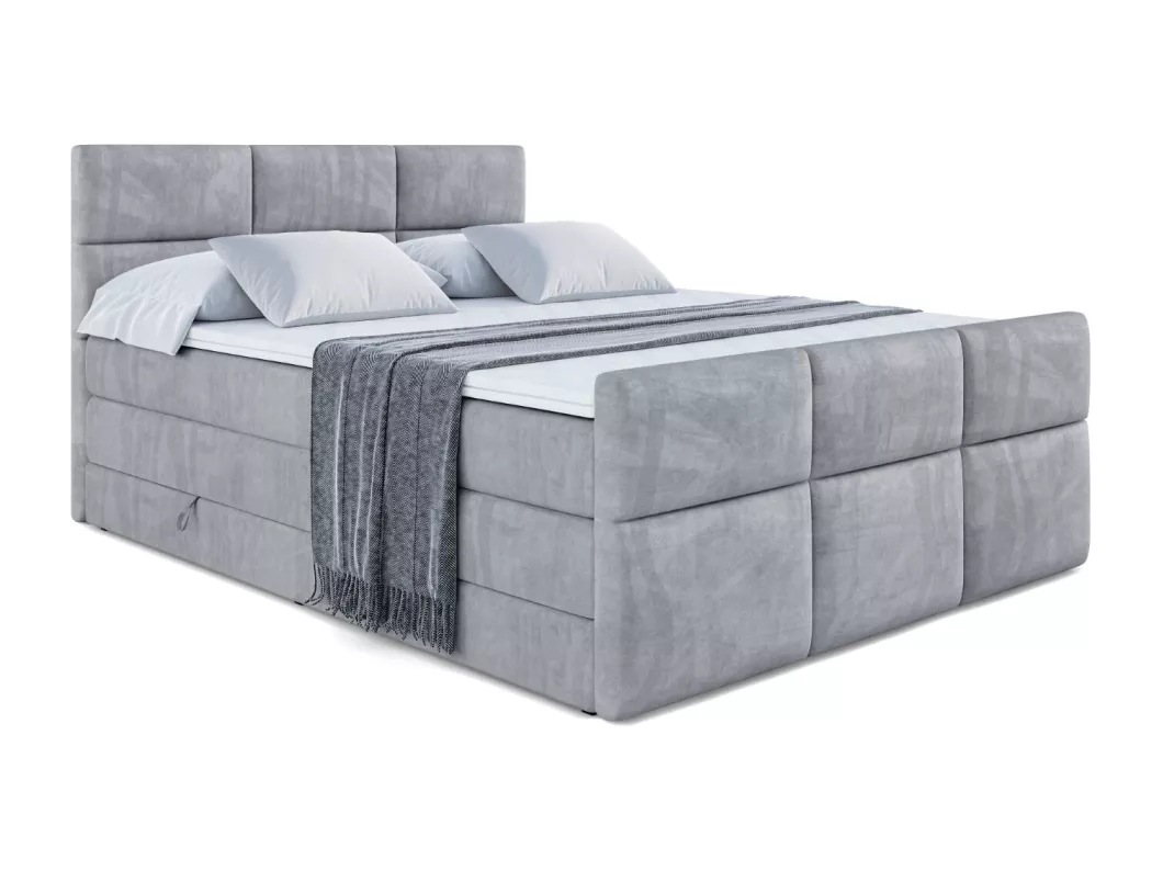 Kauf Unique Boxspringbett OHIO-Z KING mit Bettkasten, 2 Matratzen - H3/Bonellfederung und H4/Multipocketmateratze, Fußteil - 200x200 - Hellgrau Samt