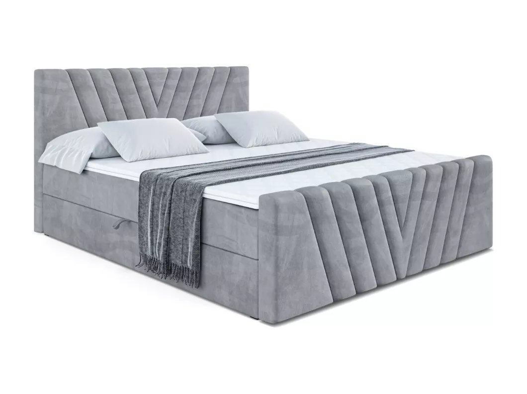 Kauf Unique Boxspringbett ERNI-Z mit Bettkasten, H4-Materatze, Fußteil, Multipocketfederung - 120x200 - Hellgrau Samt