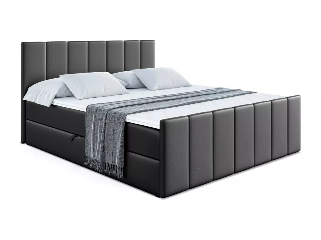 Kauf Unique Boxspringbett MOETI-Z mit Bettkasten, H3-Materatze, Fußteil, Bonellfederung - 200x200 - Schwarz Kunstleder