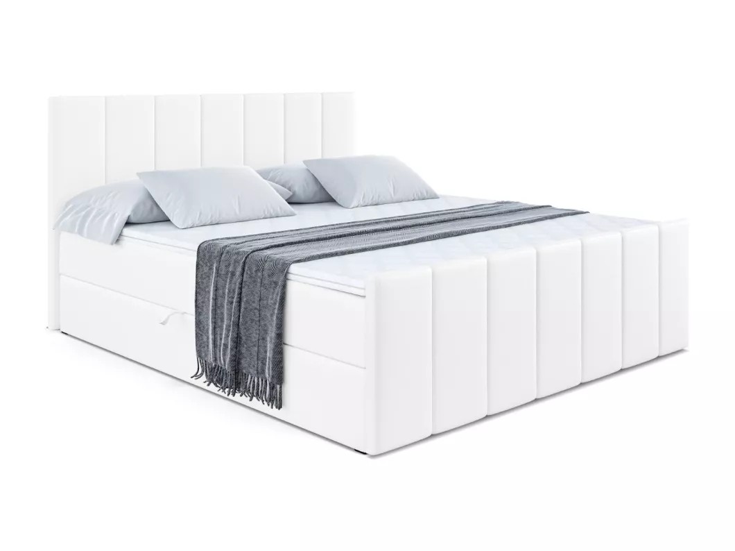 Kauf Unique Boxspringbett MOETI-Z mit Bettkasten, H3-Materatze, Fußteil, Bonellfederung - 200x200 - Weiß Kunstleder