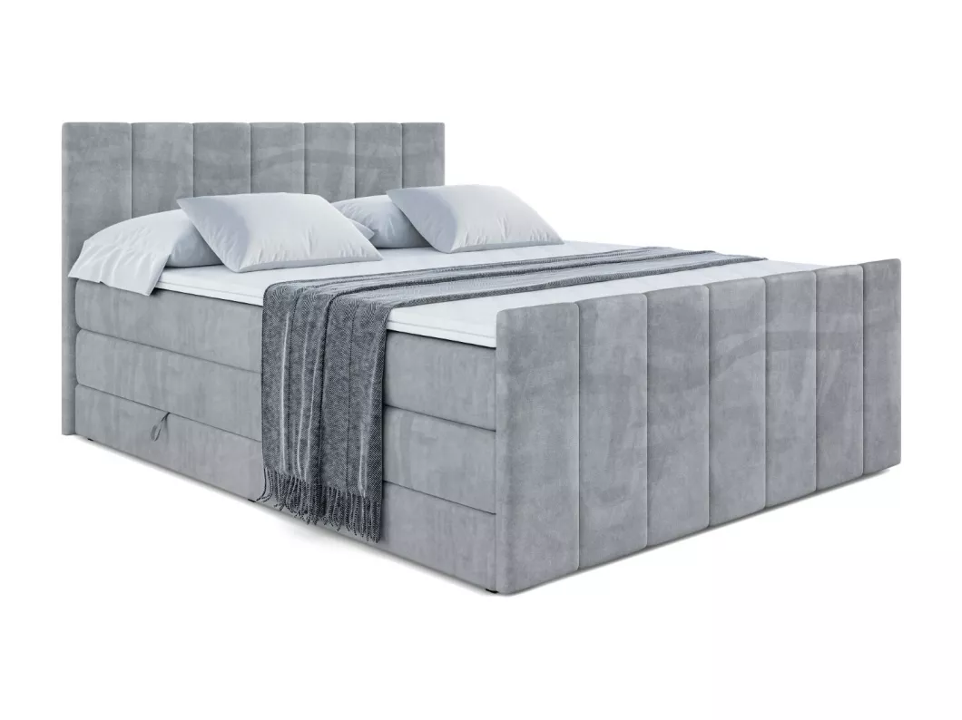 Kauf Unique Boxspringbett MOETI-Z KING mit Bettkasten, 2 Matratzen - H3/Bonellfederung und H4/Multipocketmateratze, Fußteil - 200x200 - Hellgrau Samt