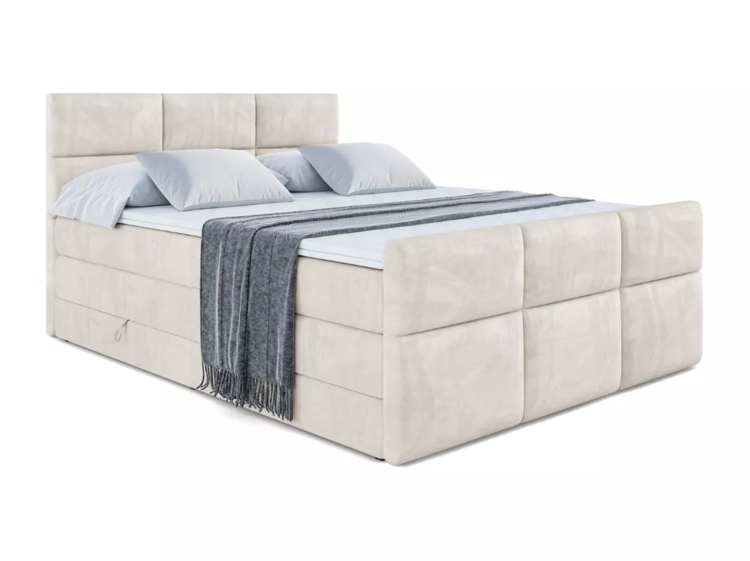 Kauf Unique Boxspringbett OHIO-Z KING mit Bettkasten, 2 Matratzen - H3/Bonellfederung und H4/Multipocketmateratze, Fußteil - 200x200 - Beige Samt